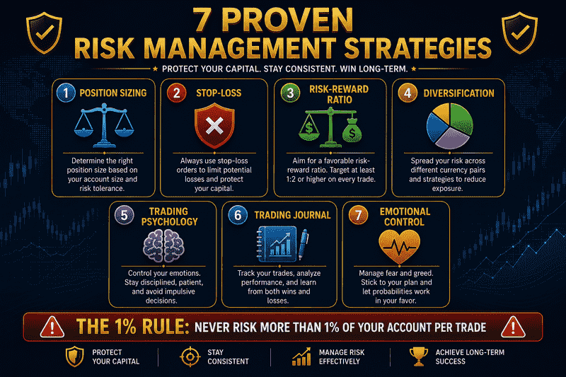 Forex risk management summary guide showing 7 proven strategies position sizing stop loss risk reward, psychology, journal, and emotional control