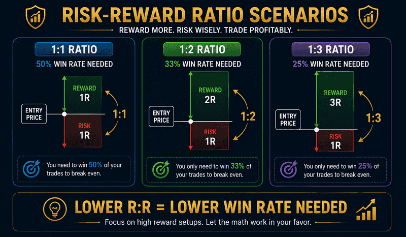 Forex risk management risk reward ratio explained showing how 1:2 and 1:3 ratios affect profitability with win rate examples for beginners