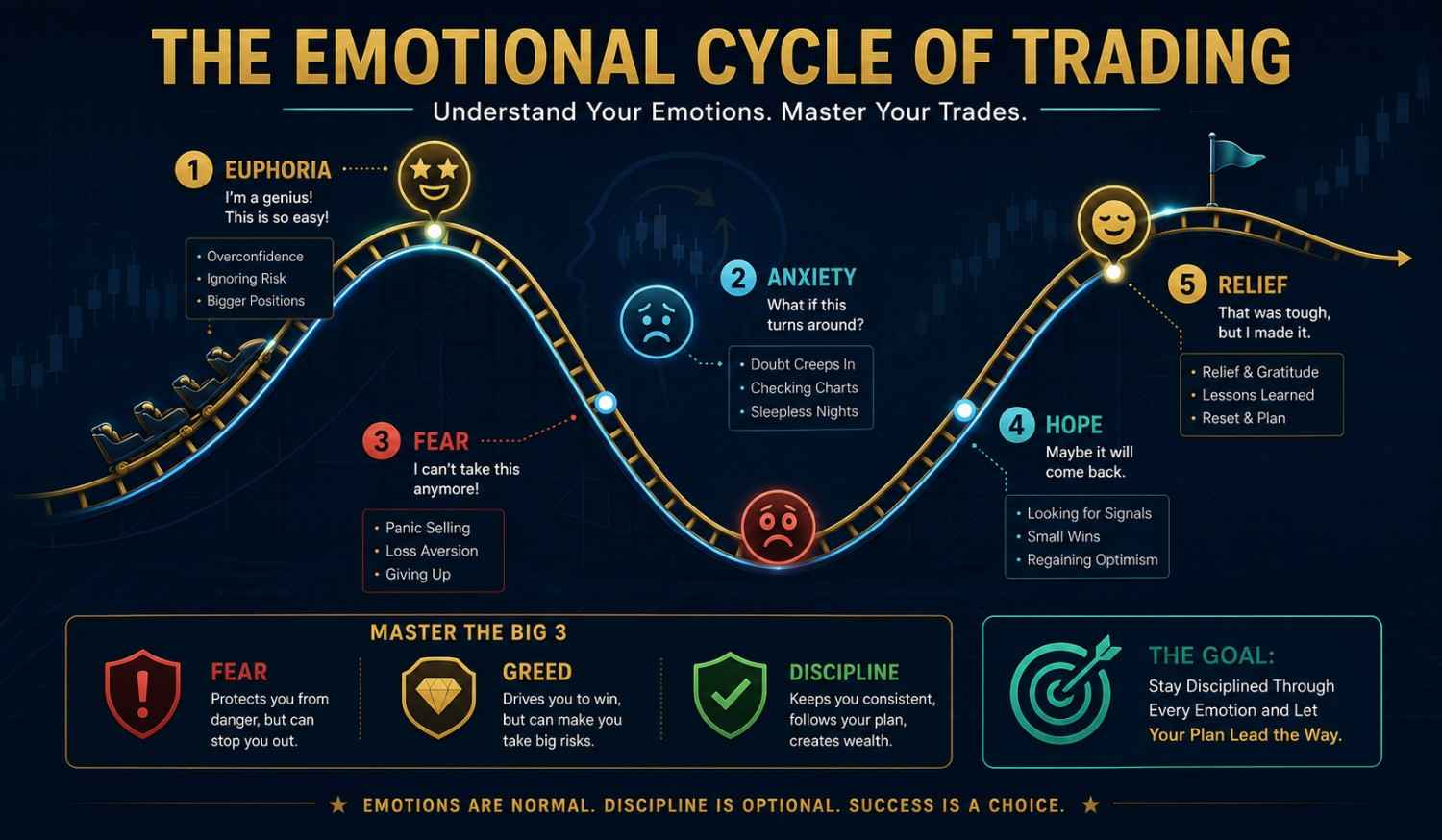 Forex trading psychology emotional traps showing fear greed hope anger and FOMO with solutions for beginners