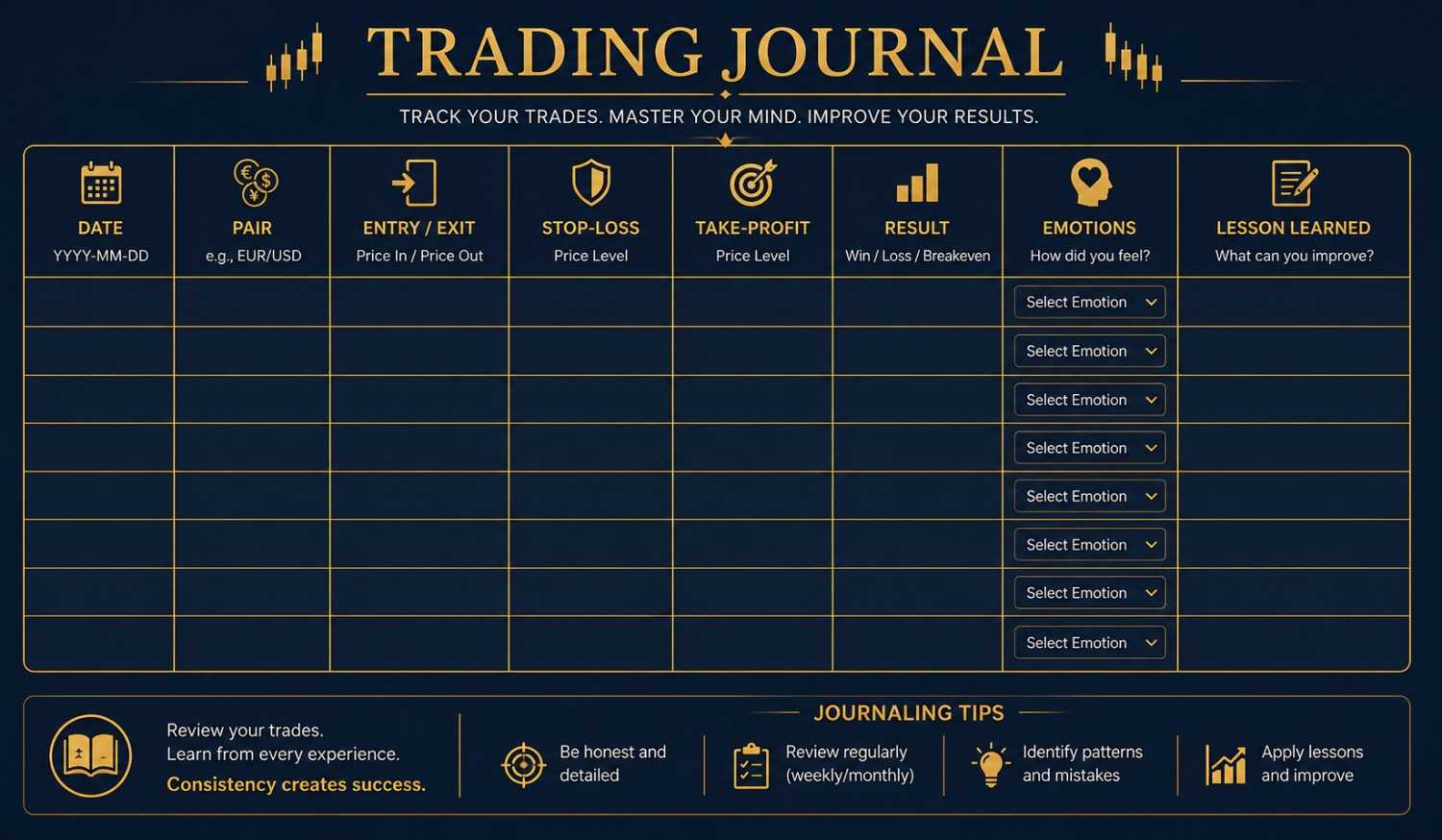 Forex trading psychology journal template showing trade details, emotions, and lessons learned for beginners