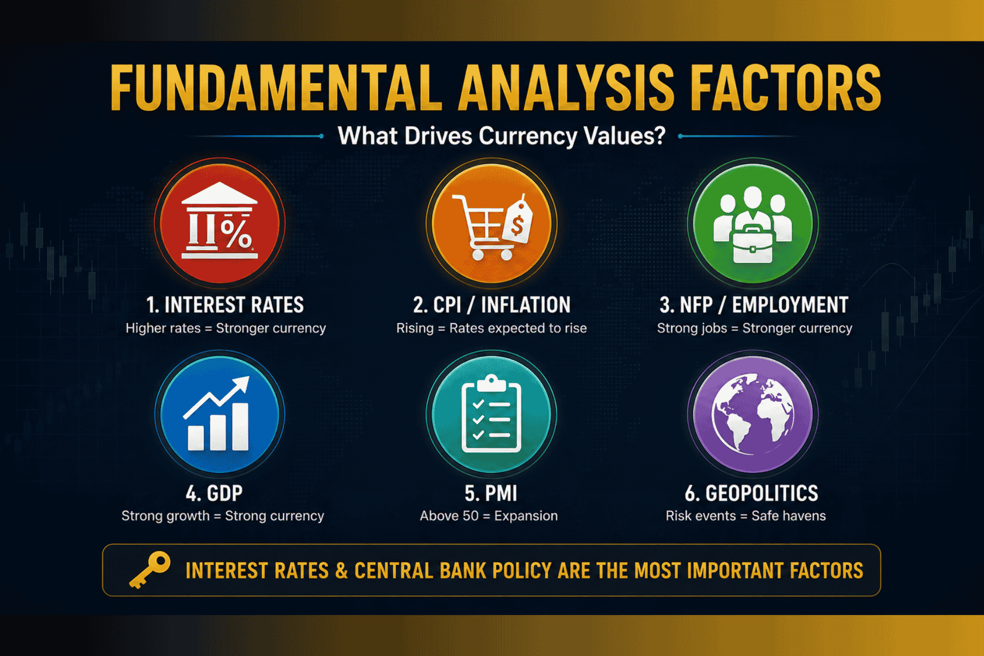 Fundamental analysis factors in forex trading showing interest rates inflation employment GDP and central bank policies for beginners