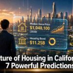 Future of housing in California - person looking at city skyline with data overlay