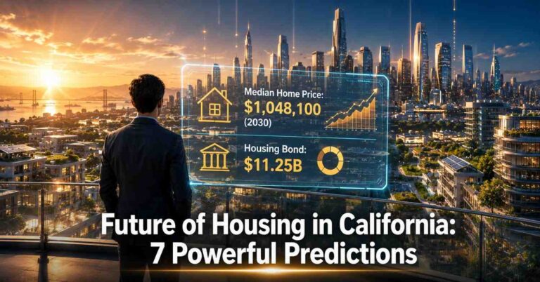 Future of housing in California - person looking at city skyline with data overlay