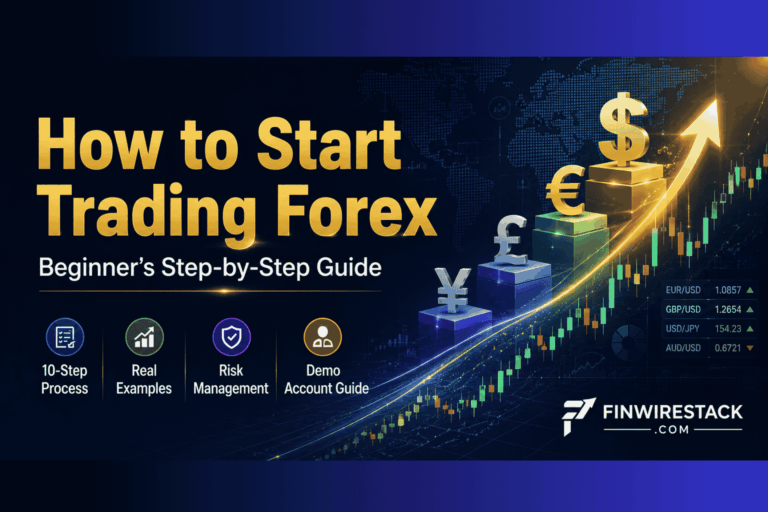 How to start trading forex step-by-step beginner guide with currency symbols candlestick charts and upward growth arrows for financial education