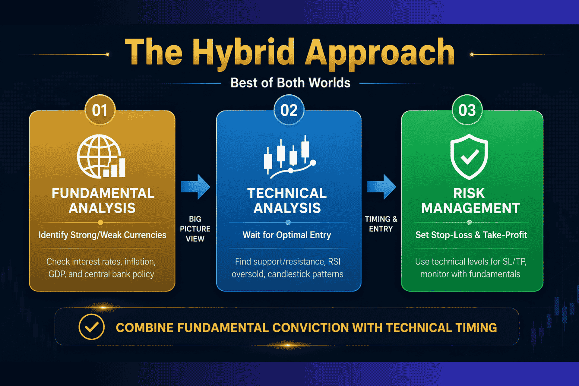 Hybrid technical vs fundamental analysis approach showing how to combine both strategies for better forex trading results