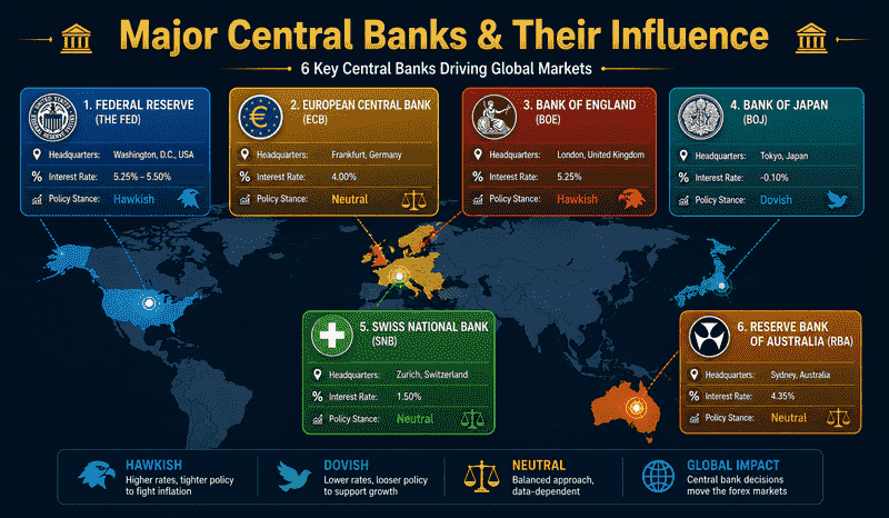 Major central banks and forex overview showing Federal Reserve ECB Bank of England Bank of Japan and Swiss National Bank with their key policy tools