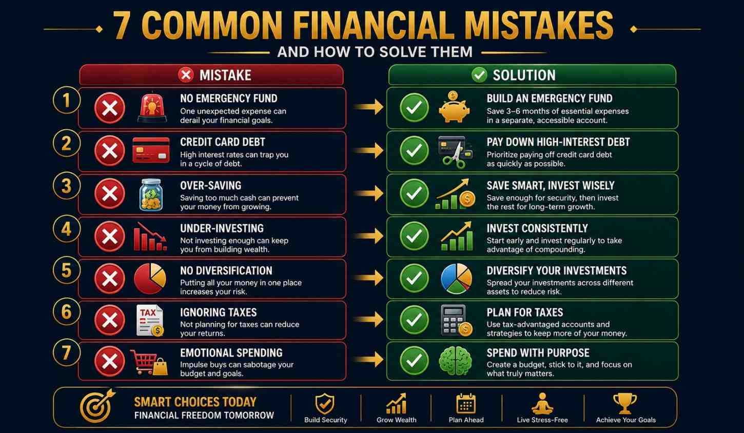 Personal finance management in 2026 common mistakes showing no emergency fund credit card debt over-saving and under-investing for beginners
