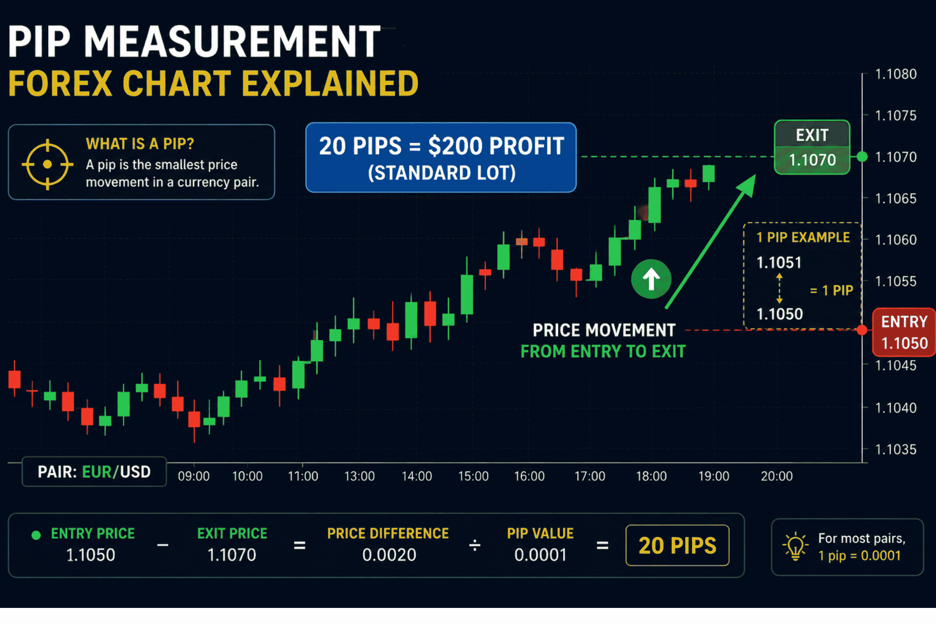 Essential forex trading terminology visual showing pip measurement on a currency price chart with examples for beginners