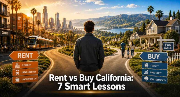Professional standing at a California crossroads deciding between renting an apartment in the city and buying a suburban home, illustrating the rent vs buy decision.