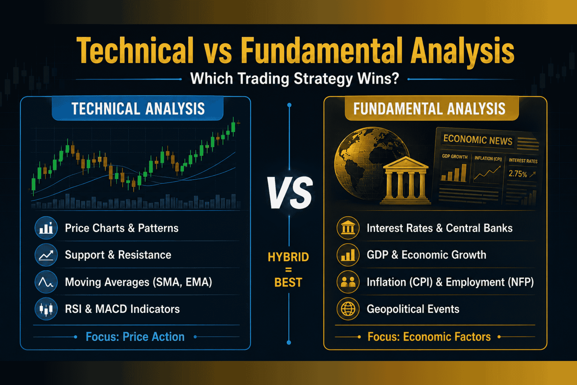 Technical vs fundamental analysis comparison visual showing chart patterns and economic data side by side for forex trading beginners