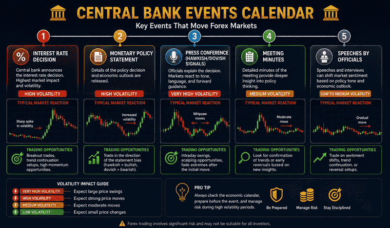 Trading central banks and forex events showing strategies for interest rate decisions FOMC meetings and press conferences for beginners