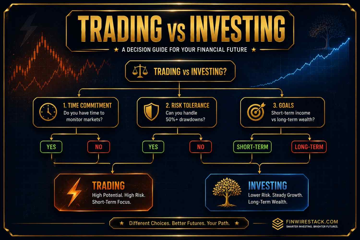 Trading vs investing how to choose showing personality assessment time commitment and financial goals for beginners in 2026