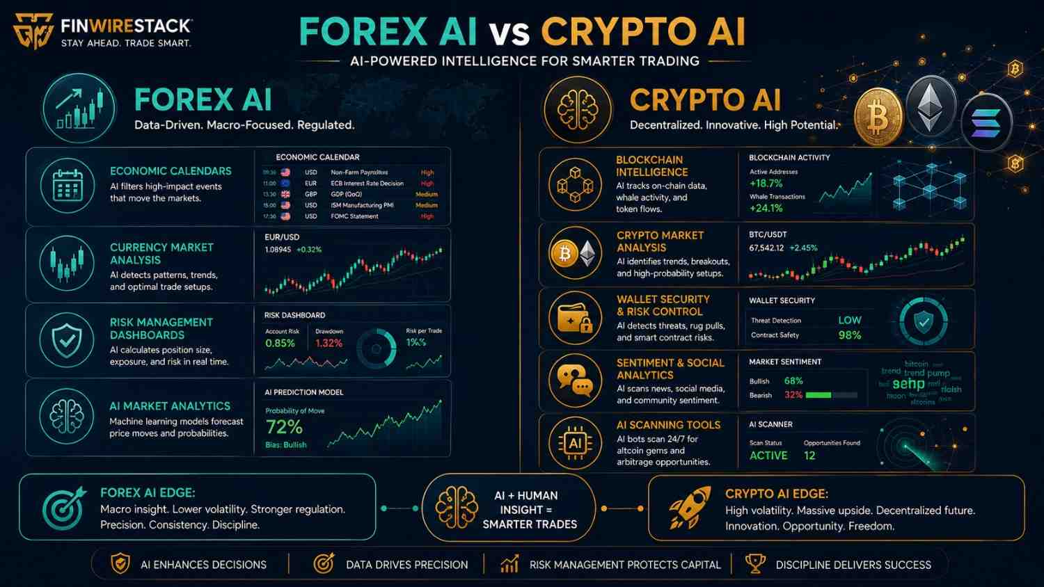 Comparison of AI tools used in Forex vs Crypto Trading, including market analysis, blockchain analytics, and risk management.