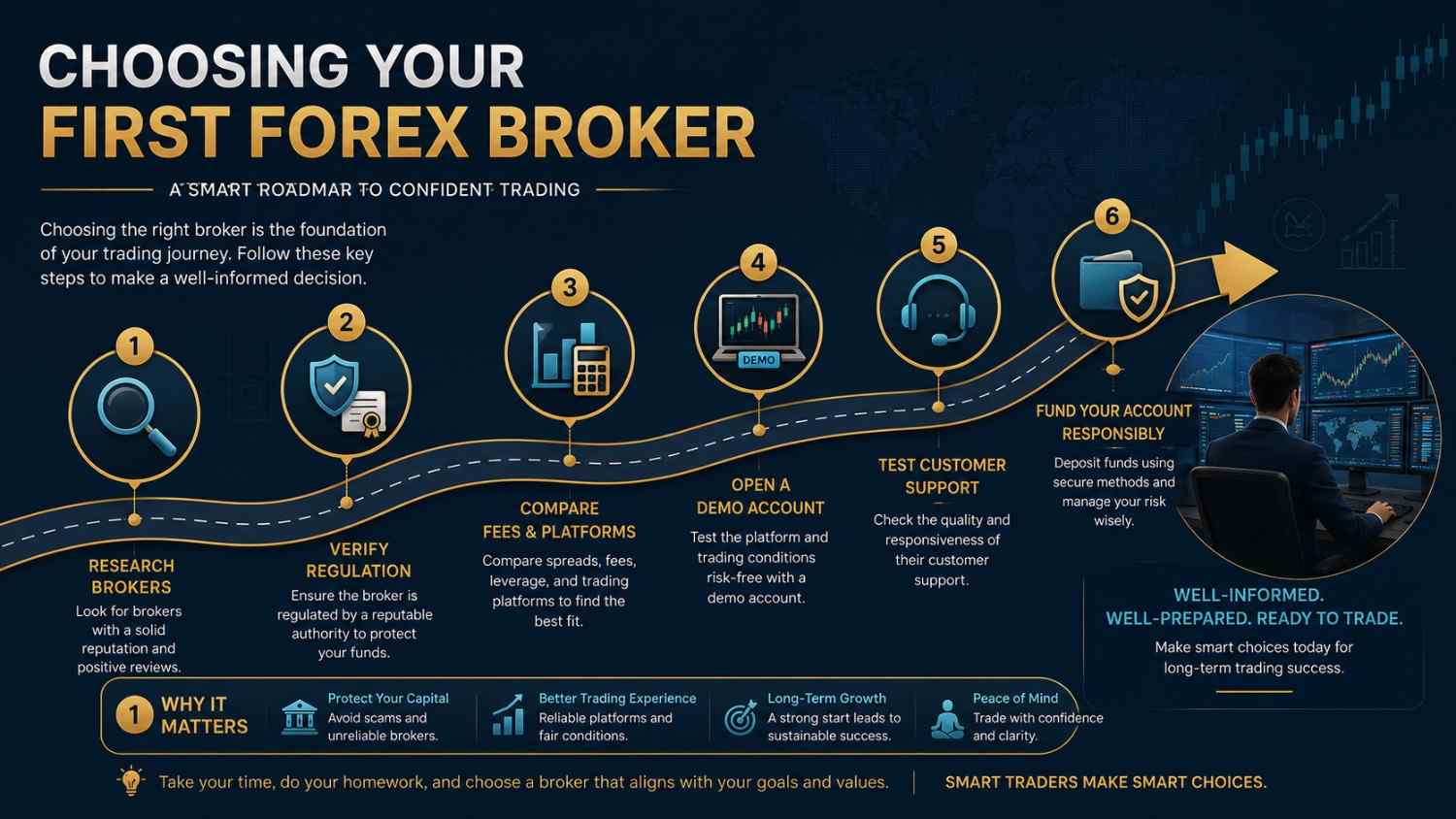 How to Choose a Forex Broker, a Roadmap infographic illustrating the step-by-step process of choosing a regulated Forex broker, from research and comparison to demo testing and responsible funding.