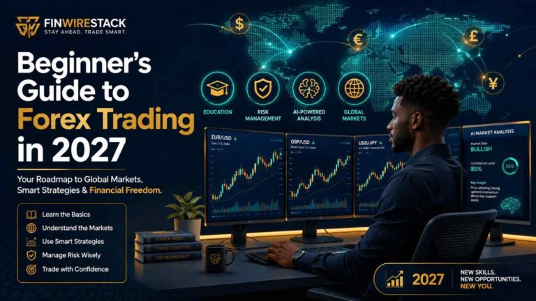 Professional trader learning Forex trading in 2027 using AI-powered market analysis and risk management dashboard.