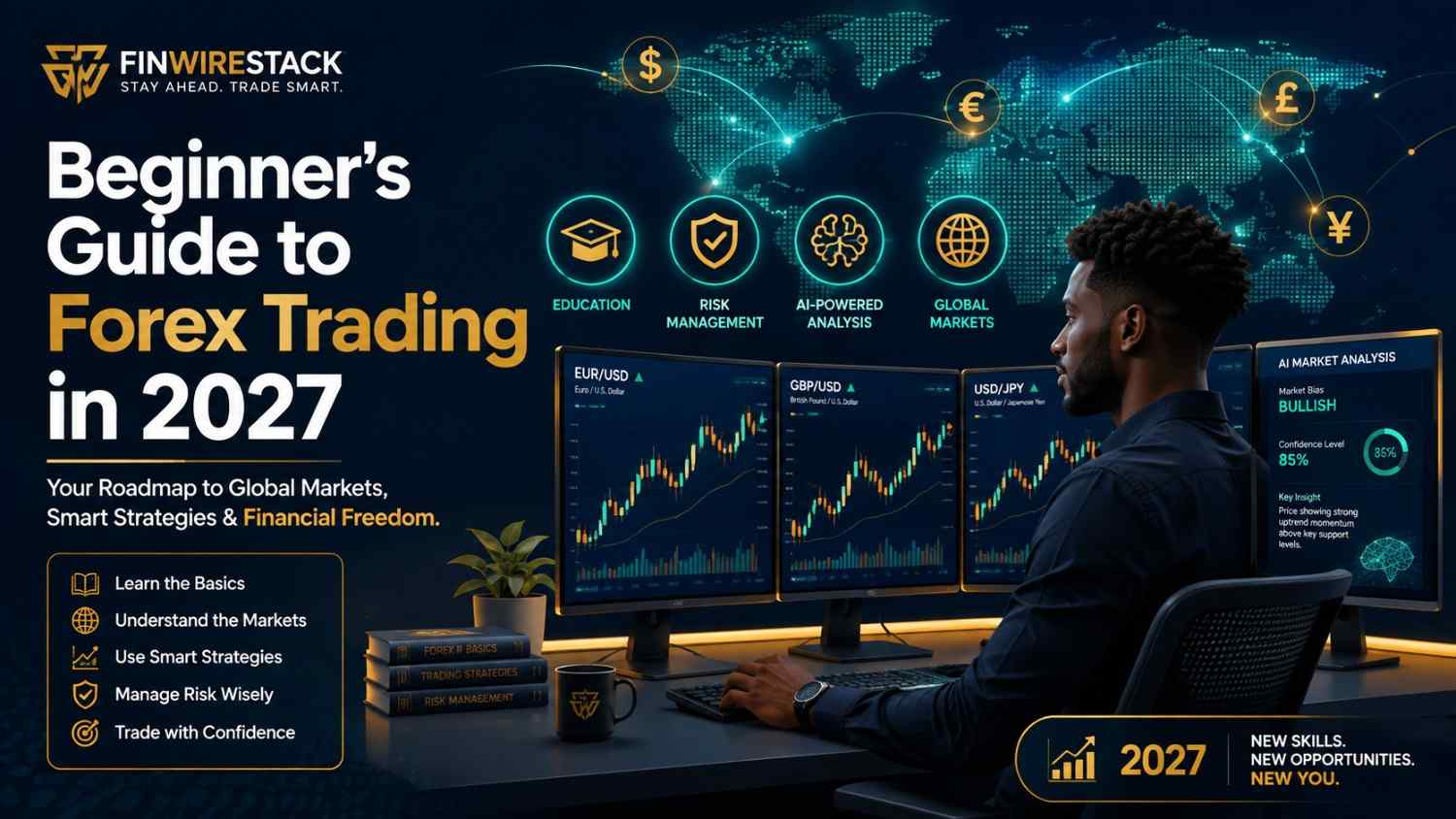 Professional trader learning Forex trading in 2027 using AI-powered market analysis and risk management dashboard.