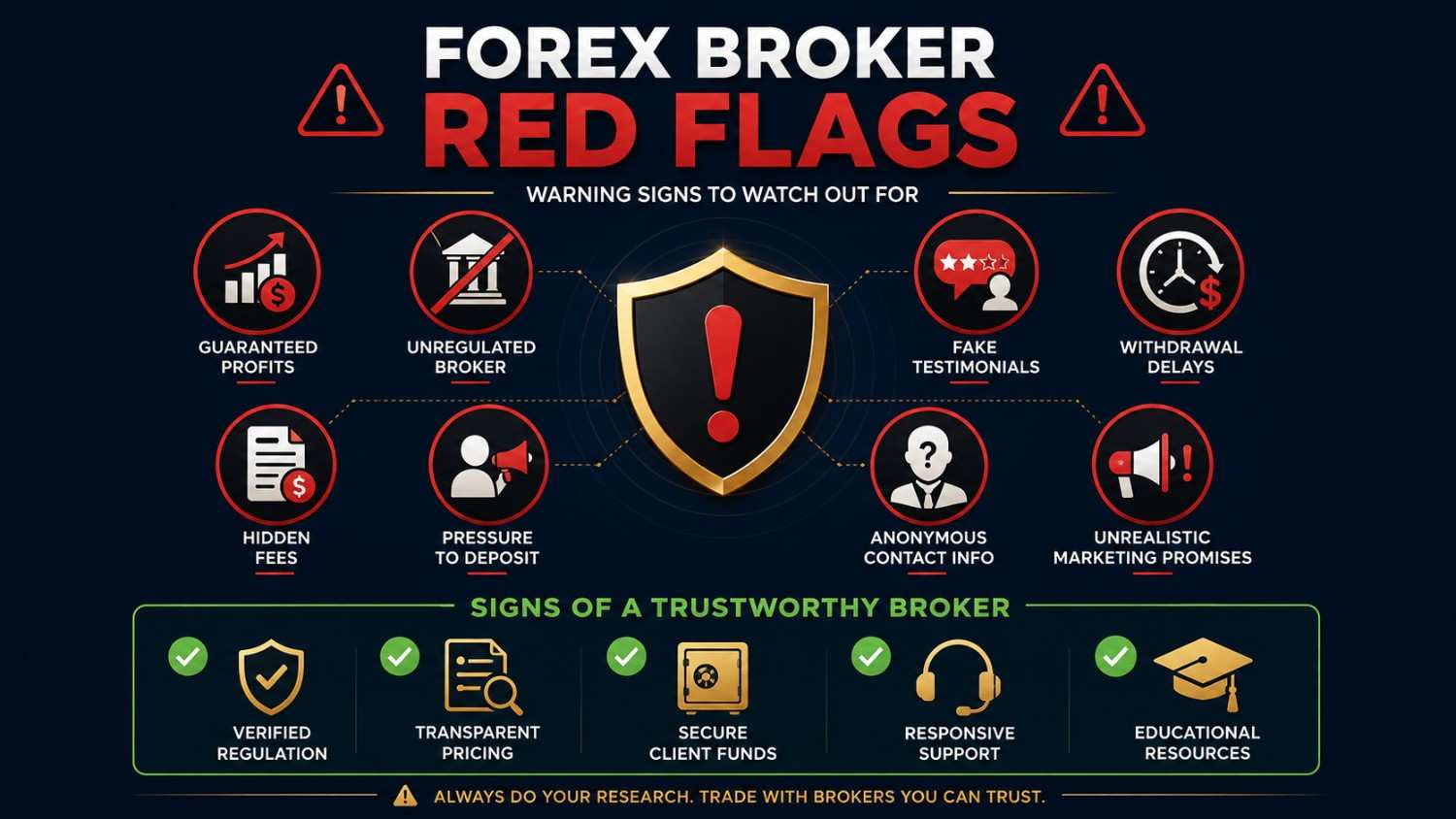 Infographic highlighting warning signs of an unsafe Forex broker, including guaranteed profits, fake testimonials, withdrawal issues, and unregulated operations.