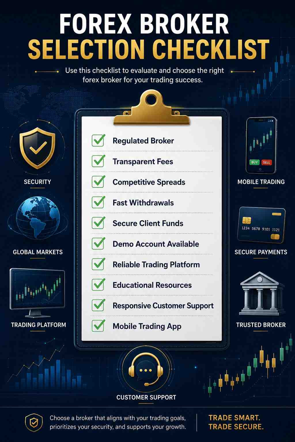 Professional checklist infographic showing the most important factors to consider when choosing a Forex broker, including regulation, security, trading costs, platforms, withdrawals, and customer support.