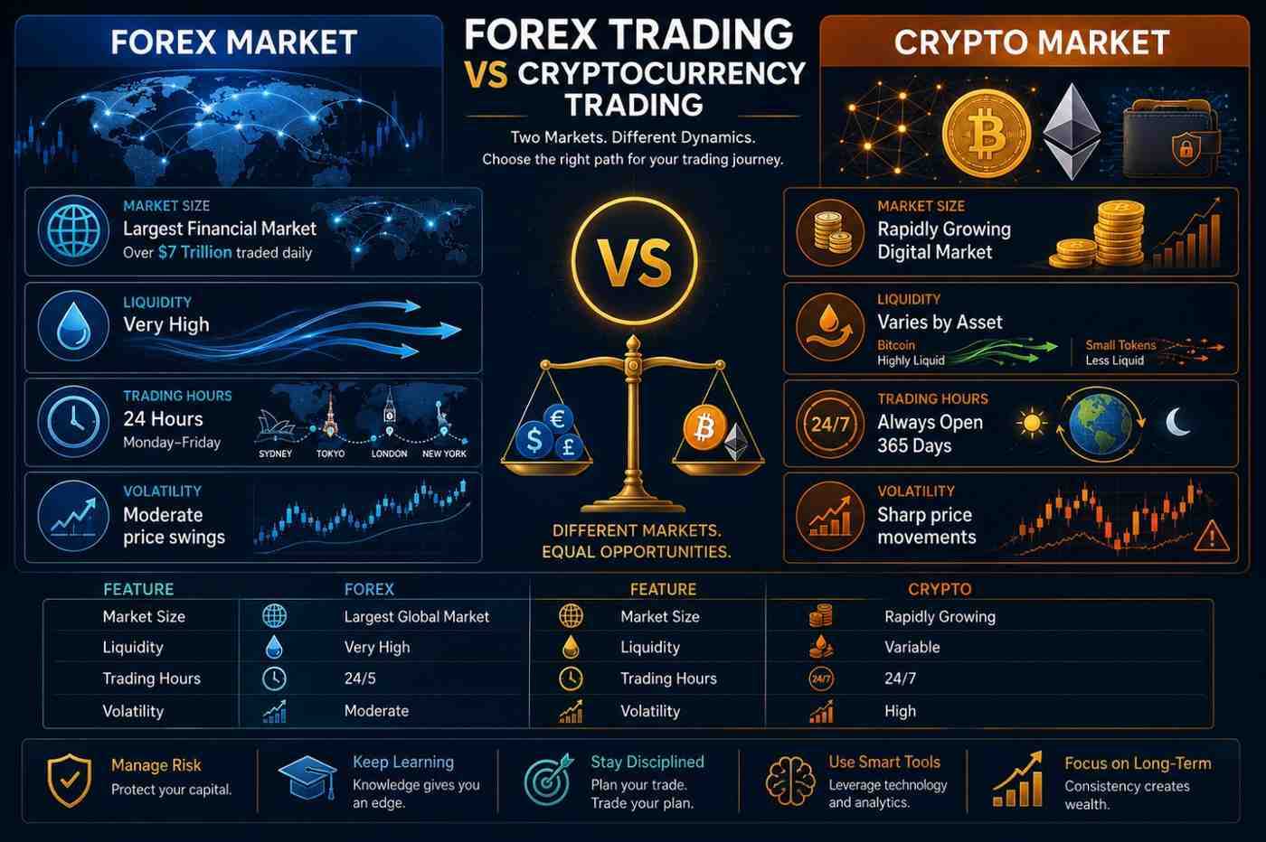Decision tree helping beginners choose between Forex vs Crypto Trading based on goals, risk tolerance, and investment preferences.