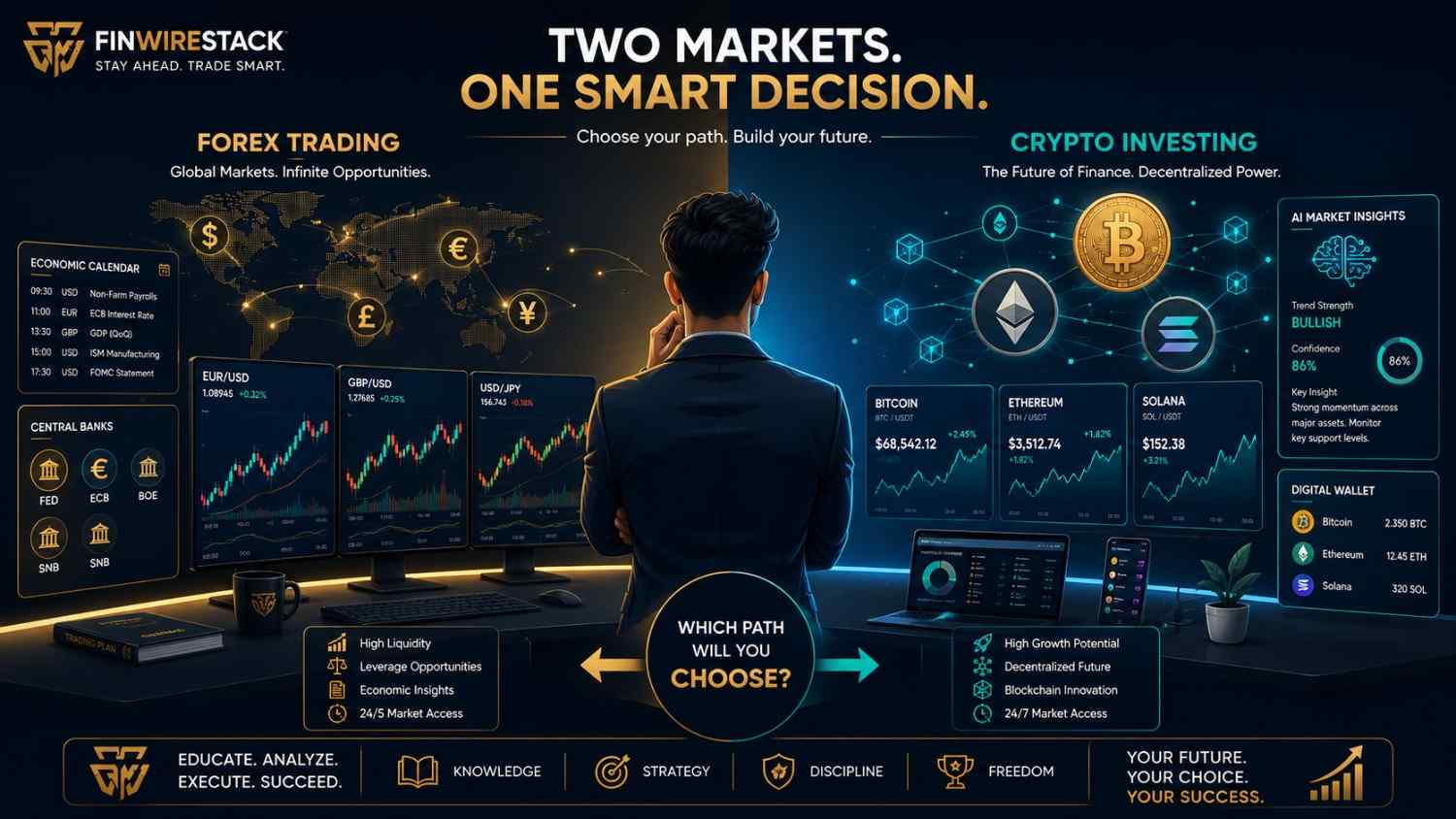 Forex vs Crypto Trading comparison showing a trader choosing between the foreign exchange market and cryptocurrency investing in 2027.
