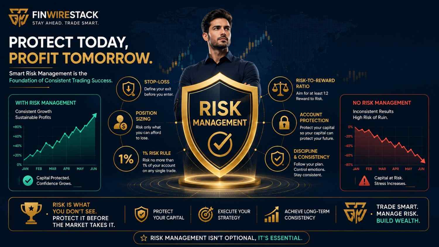 Professional Forex risk management illustration showing stop-loss, position sizing, and risk-to-reward strategy for beginner traders.