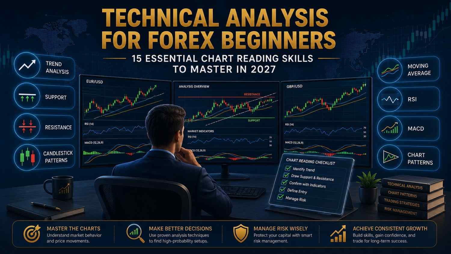 Technical Analysis for Forex Beginners illustration showing a professional trader analyzing candlestick charts, trend lines, support and resistance levels, and technical indicators on multiple trading screens.