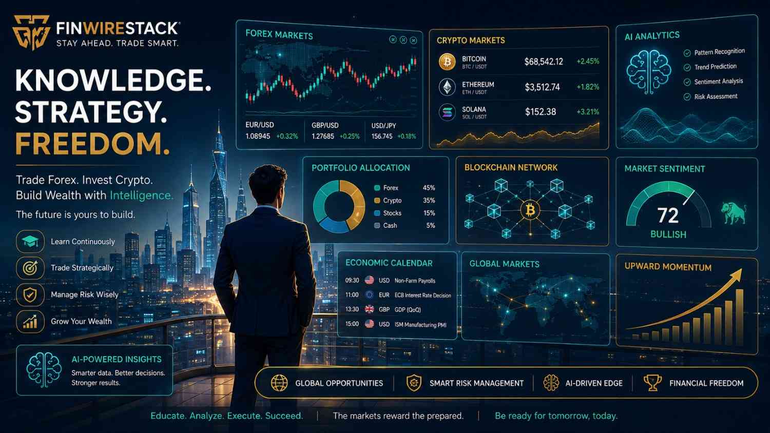 Modern investor confidently managing a diversified portfolio that includes Forex and cryptocurrency with AI-assisted analytics.