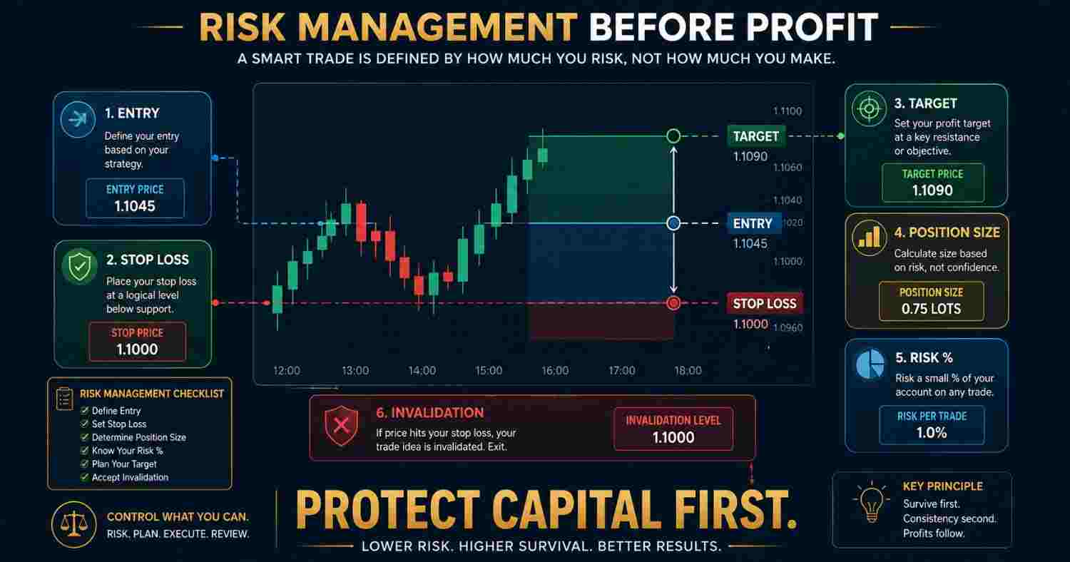 Trading risk management showing entry, stop loss, target and position sizing