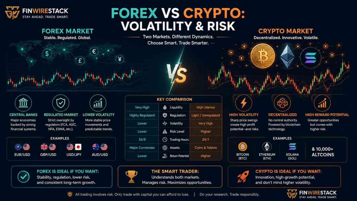 Forex vs Crypto Trading comparison showing differences in volatility, leverage, regulation, and market risk for beginners.