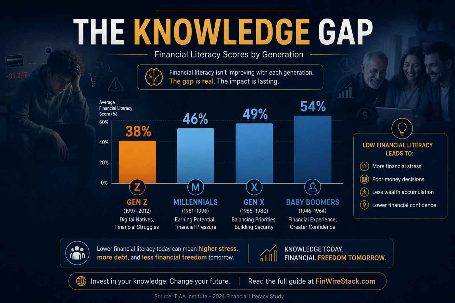 generational knowledge gap financial literacy scores by generation Gen Z 38 percent Millennials 46 Gen X 49 Baby Boomers 54
