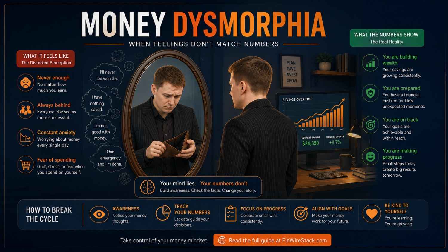 money dysmorphia psychology of money perception versus reality infographic