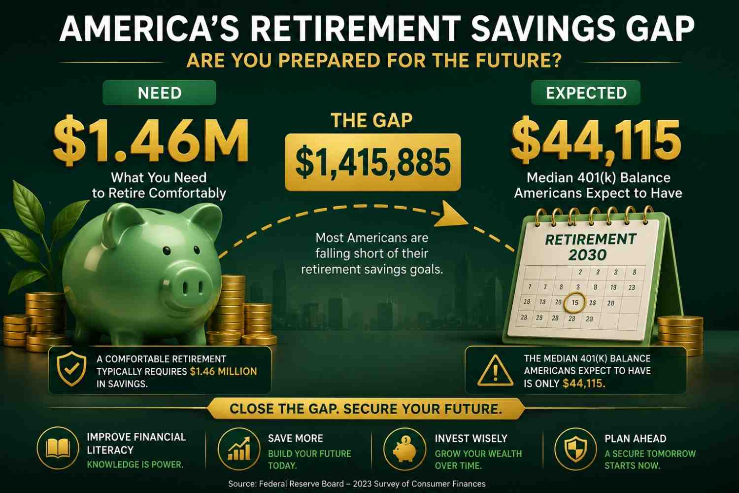 	retirement savings gap caused by low financial literacy in America