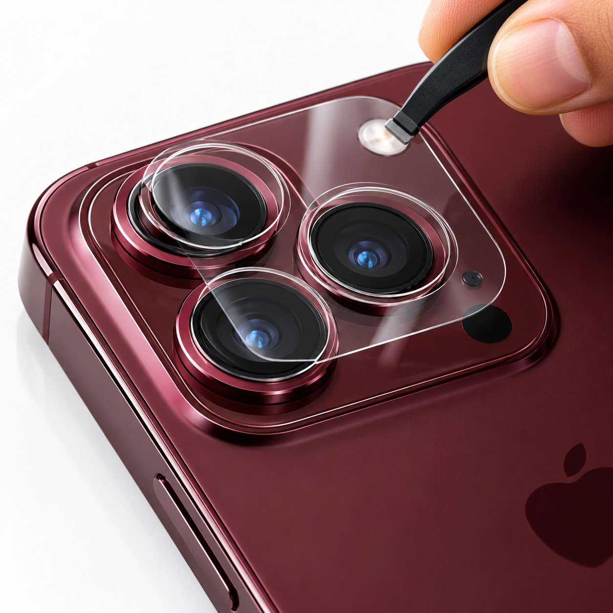 Precision application of a lens protection film on the iPhone 18 Pro Max triple 48MP camera module