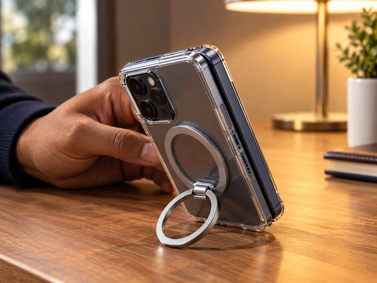 iPhone Duo with a 360-degree ring stand case propped up on a desk, demonstrating how accessories solve the heavy foldable’s grip and stand challenges