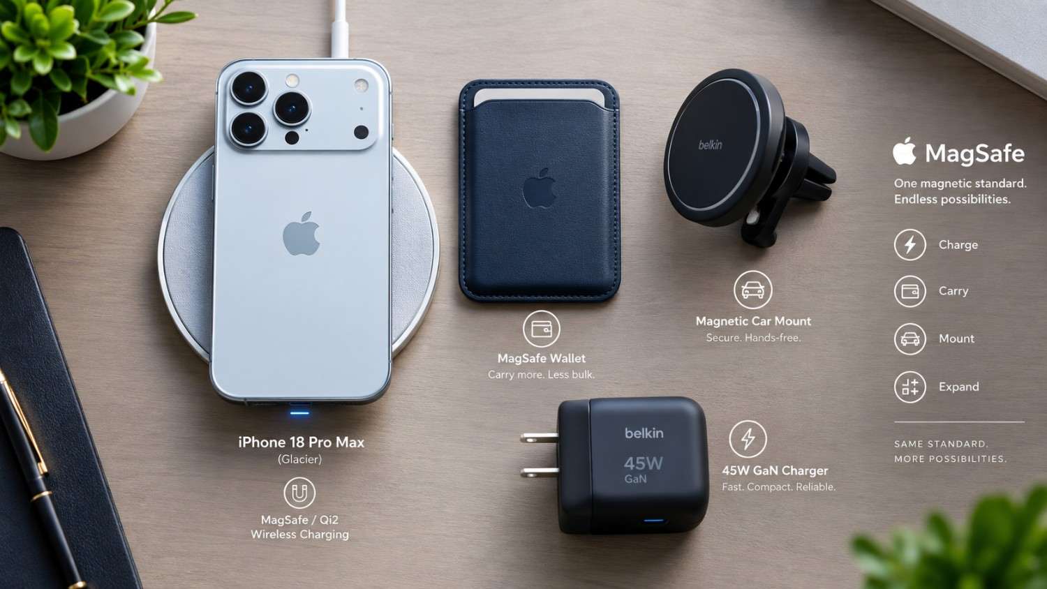 Complete MagSafe accessory ecosystem for iPhone 18 Pro Max including wireless charging pad, magnetic wallet, and compact charger