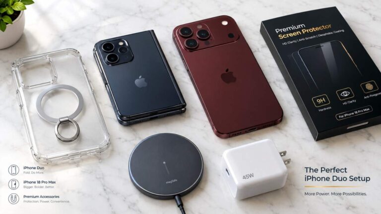 iPhone Duo and iPhone 18 Pro Max accessories, surrounded by essential Amazon accessories including cases, chargers, and screen protectors
